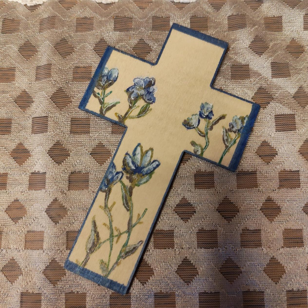 Croix en bois - Petites fleurs bleues & Grande fleur multicolore