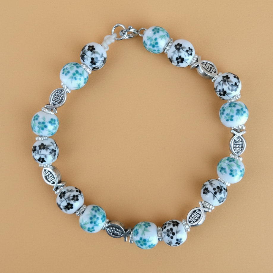 Bracelet en perles fleuries Vert/Noir avec ichtus