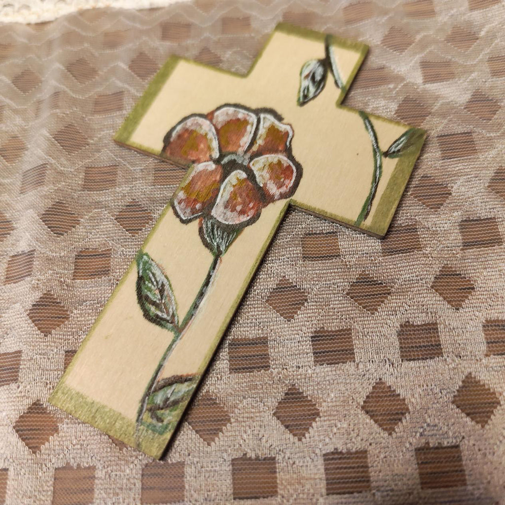 Croix en bois - Rose ancienne & Fleur des prés