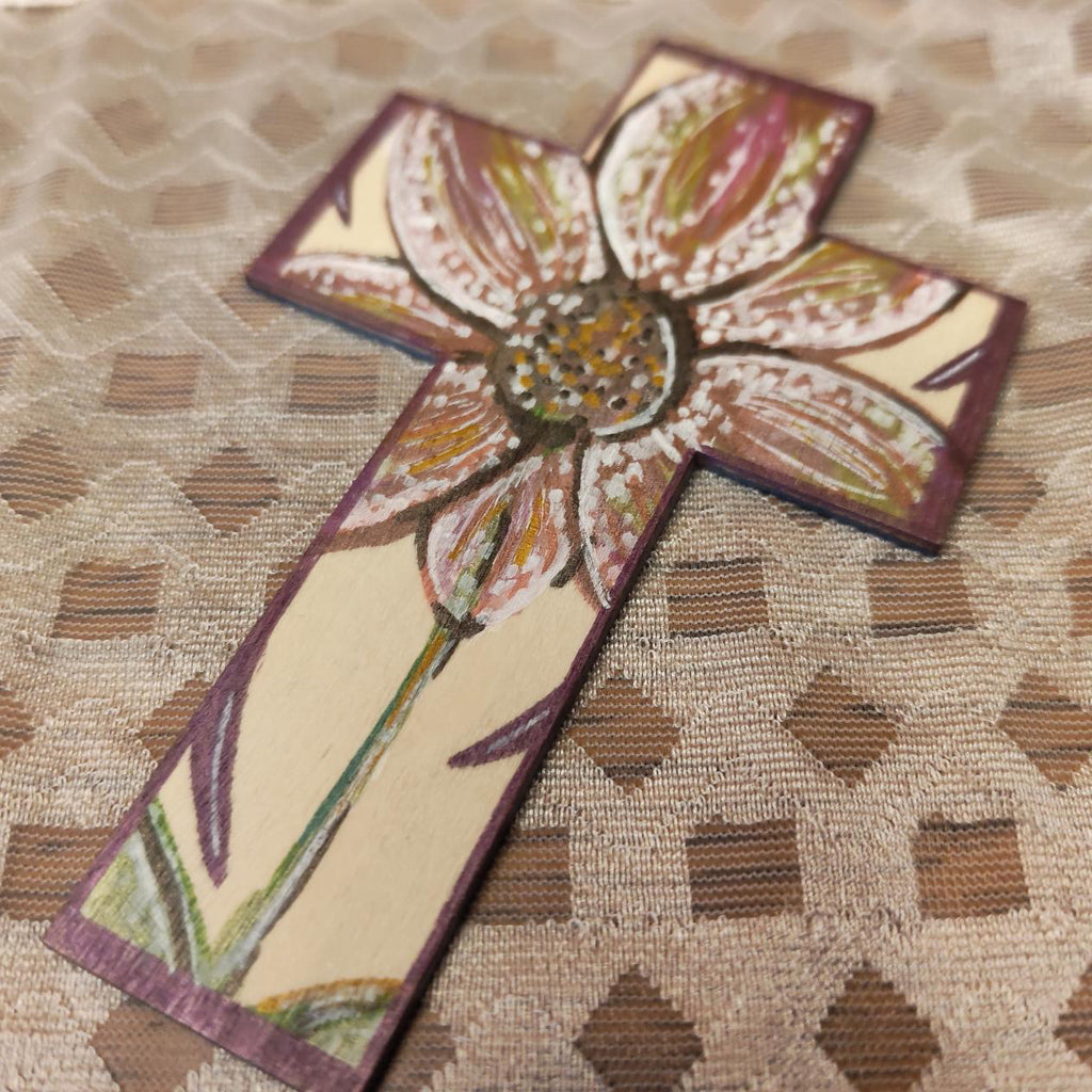 Croix en bois - Petites fleurs bleues & Grande fleur multicolore