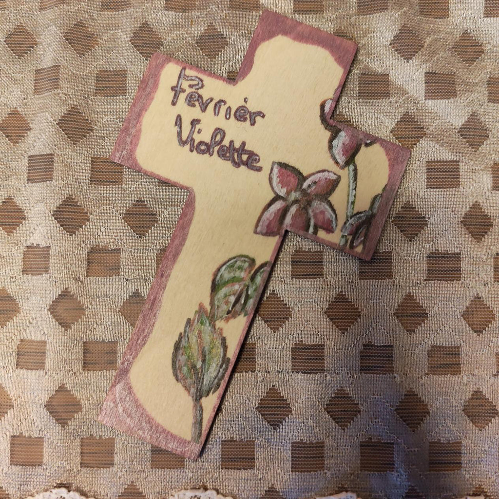 Croix en bois - Violette de Février & Parole bénie
