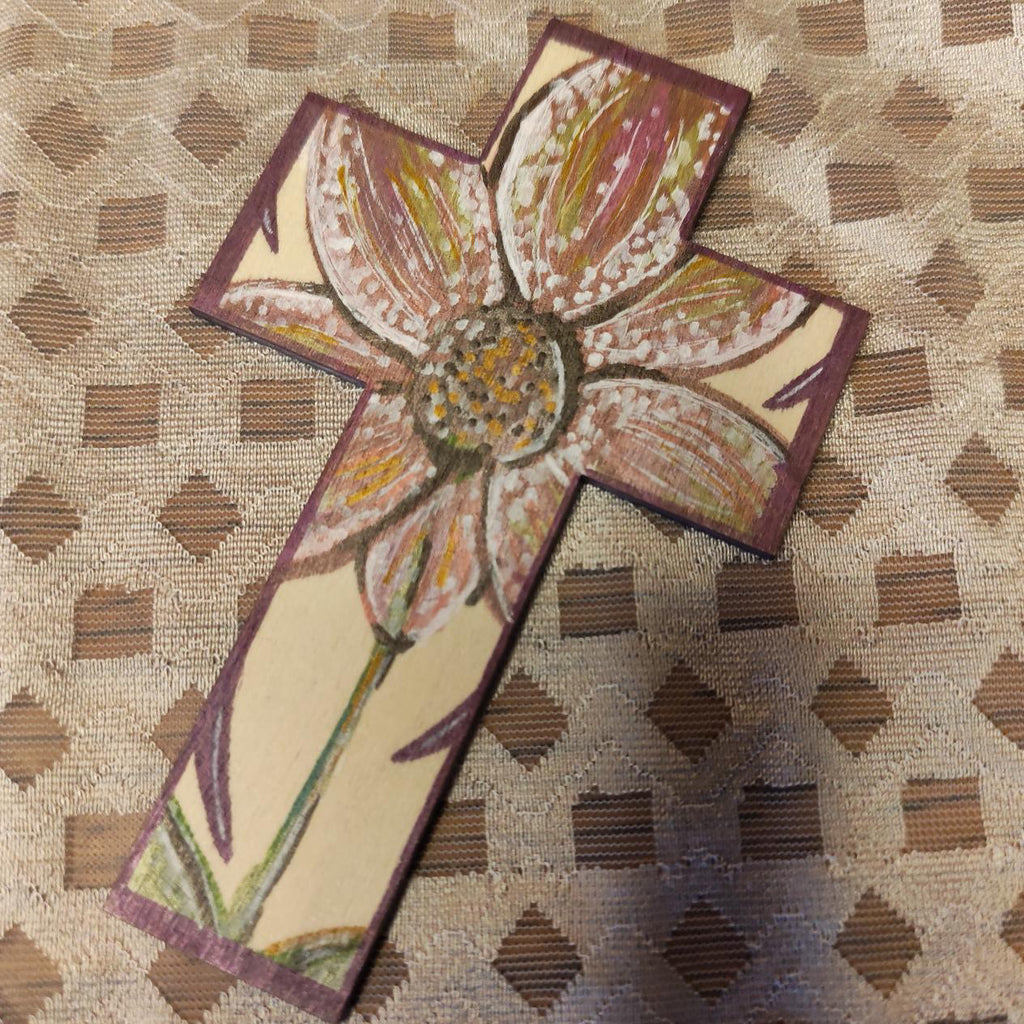 Croix en bois - Petites fleurs bleues & Grande fleur multicolore