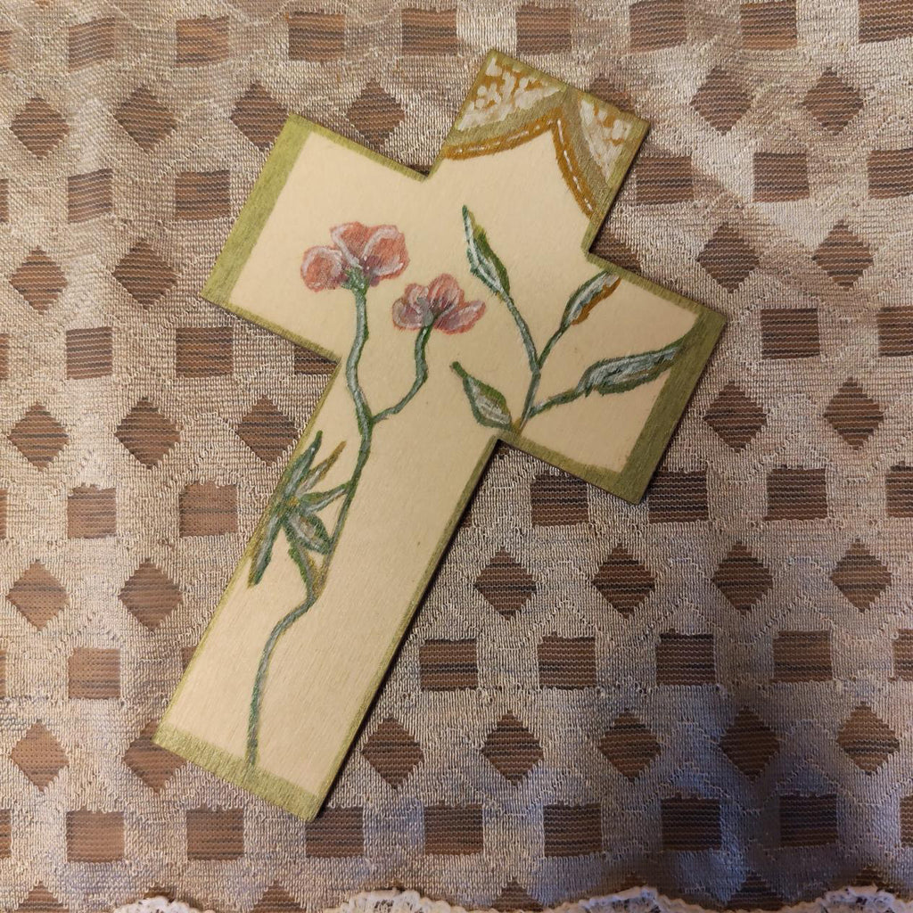 Croix en bois - Rose ancienne & Fleur des prés