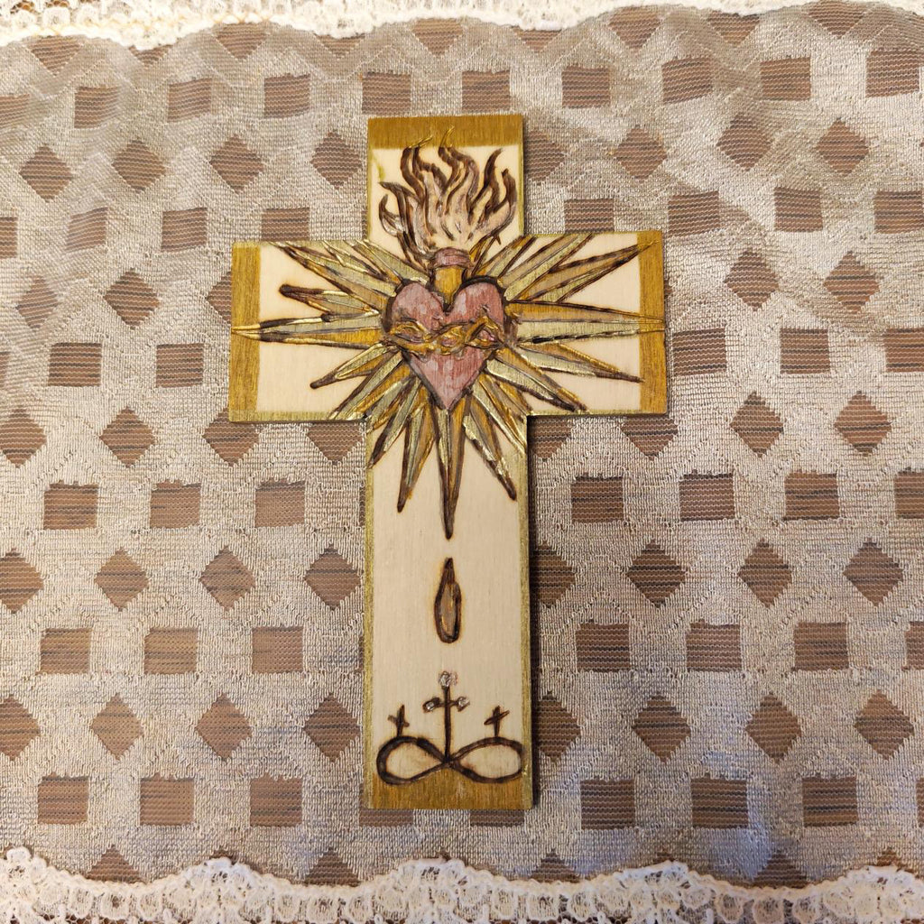 Croix en bois - Sacré-Coeur doré & Colombe fleurie