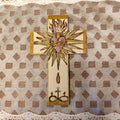 Croix en bois - Sacré-Coeur doré & Colombe fleurie