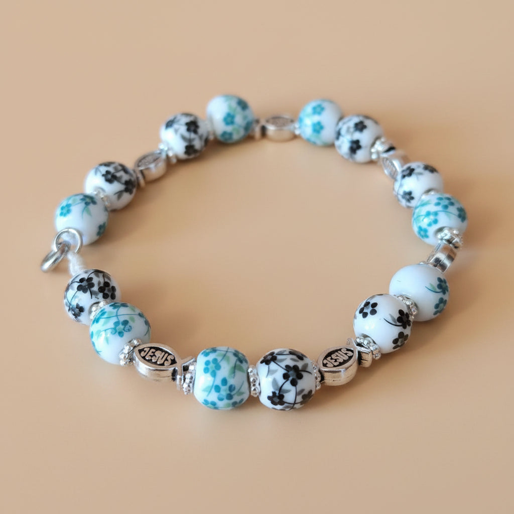 Bracelet en perles fleuries Vert/Noir avec ichtus